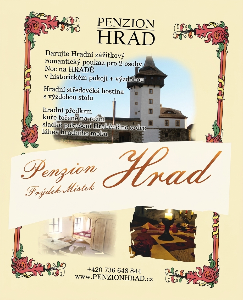 Darujte Hradní zážitkový romantický poukaz pro 2 osoby.Noc na HRADĚ v historickém pokoji + středověká hostina s výzdobou stoluhradní předkrmkuře točené na rožnisladké pokušení Hraběnčino srdceláhev hradního moku